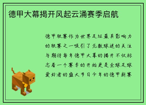 德甲大幕揭开风起云涌赛季启航