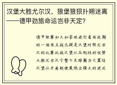 汉堡大胜尤尔汉，狼堡狼狈扑朔迷离——德甲劲旅命运岂非天定？